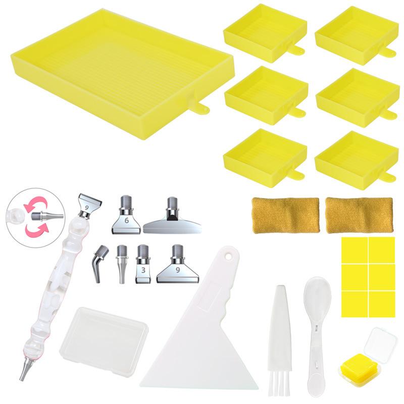 Diamond Painting Tray Tool Kit with 6 Ridged Sorting Trays Rotating Pen Wax Pads Scraper Brush Spoon Storage Box for DIY Rhinestone Crafts