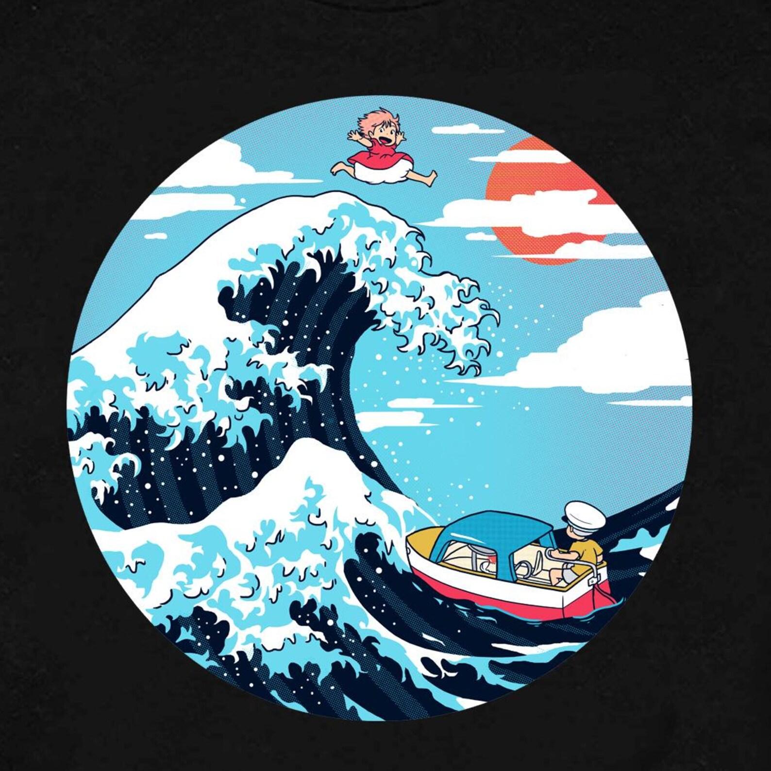Ponyo Studio Ghibli Shirt, Miyazaki Great Wave Kanagawa Shirts, Ponyo Boat Vintage Ghibli Gift, Totoro, Moving Castle, Spirited Away Tee S