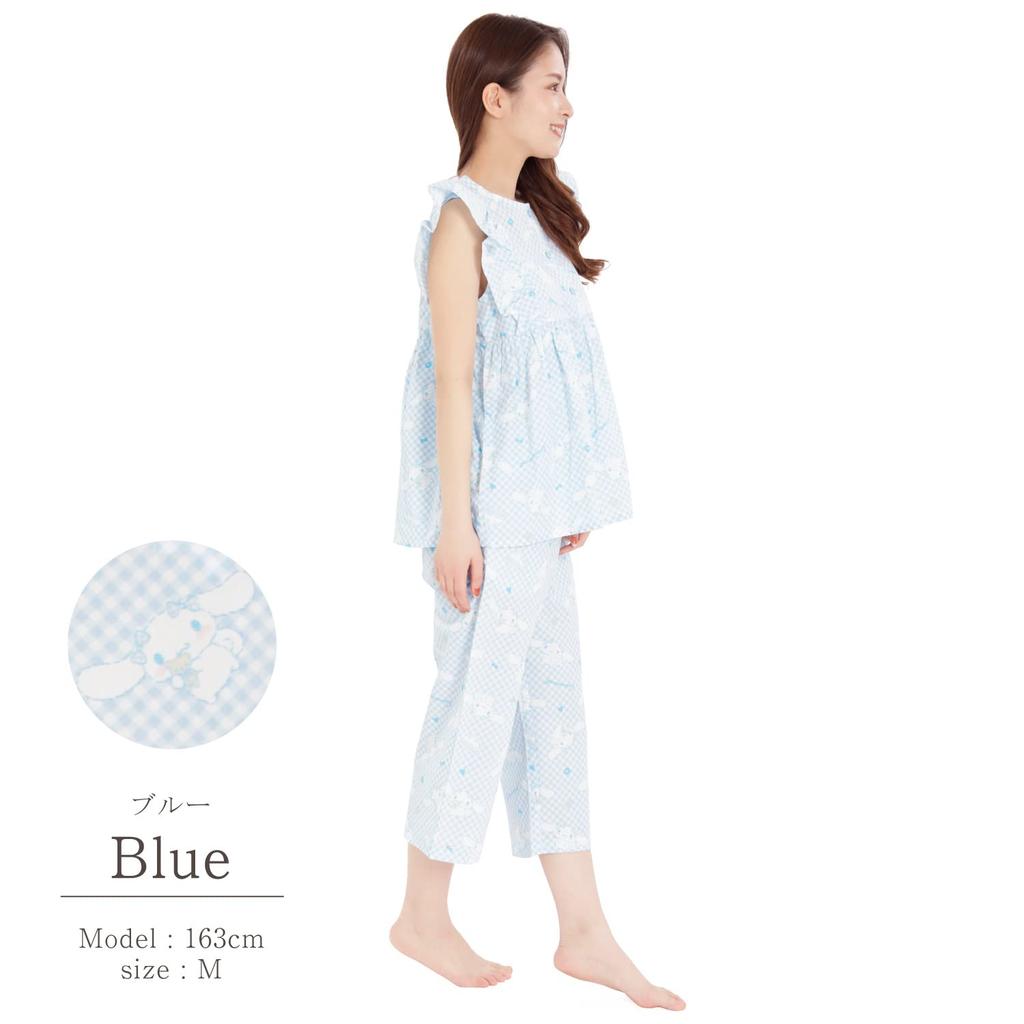 SAN1479 Gingham Check Cinnamon Ruffle Pajamas Short Sleeve Long Pants Top and Bottom Set Room Wear Cinnamoroll Sanrio Sanrio [SAZAC] Women's Blue/M
