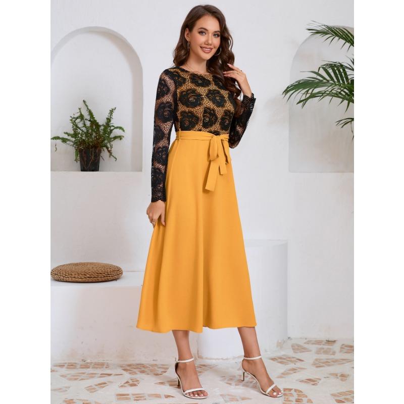 

Модное облегающее платье с круглым вырезом, черное кружевное платье, женское платье XXL жёлтый