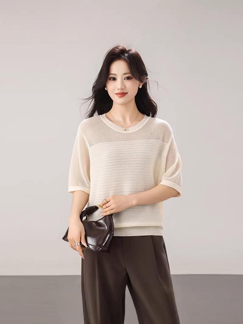

Plus Size Women s Luxurious Spring 2026 Knit Sweater - Short Sleeve, Round Neck, Perforated Design, Solid Color. One Size синий