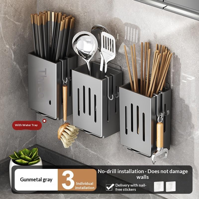 Punch-Free Basket Chopsticks Holder Kitchen Rack Wall-Mounted Household Spoon Chopsticks Cage Chopsticks Storage Box Drain Hanger