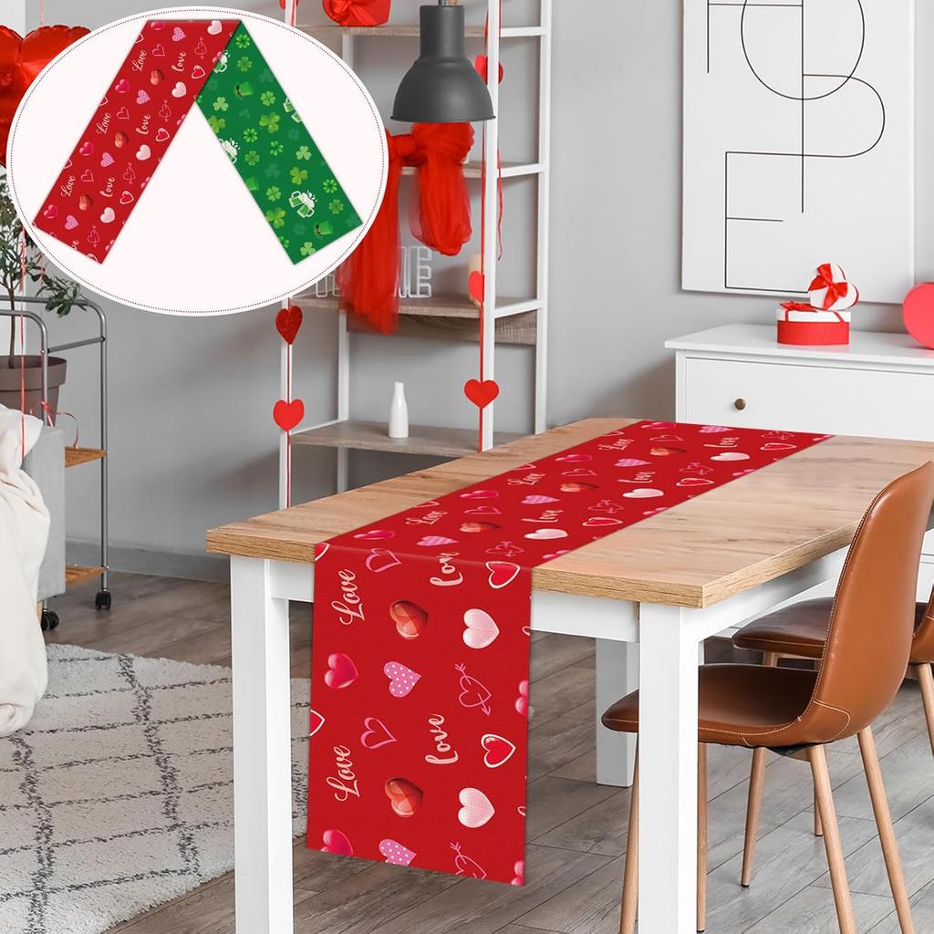 St. Patrick's Day Linen Table Runner Valentine's Day Table Runner St. Patrick Love Heart St. Patrick's Day Shamrock Table Runner for Dinning Kitchen