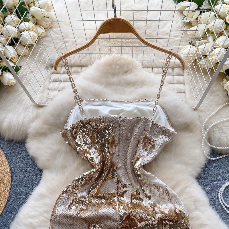 Sexy Sequin Slip One Piece Dress Women Patchwork Chic Vintage Evening Party Dresses Female Korean Fashion Design Slim Ceremonial Dress 2024
