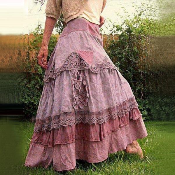 Women's Lace Stitching High Waist Retro Big Swing Bohemian Long Skirt Stitching Lace Big Swing Cake Skirt