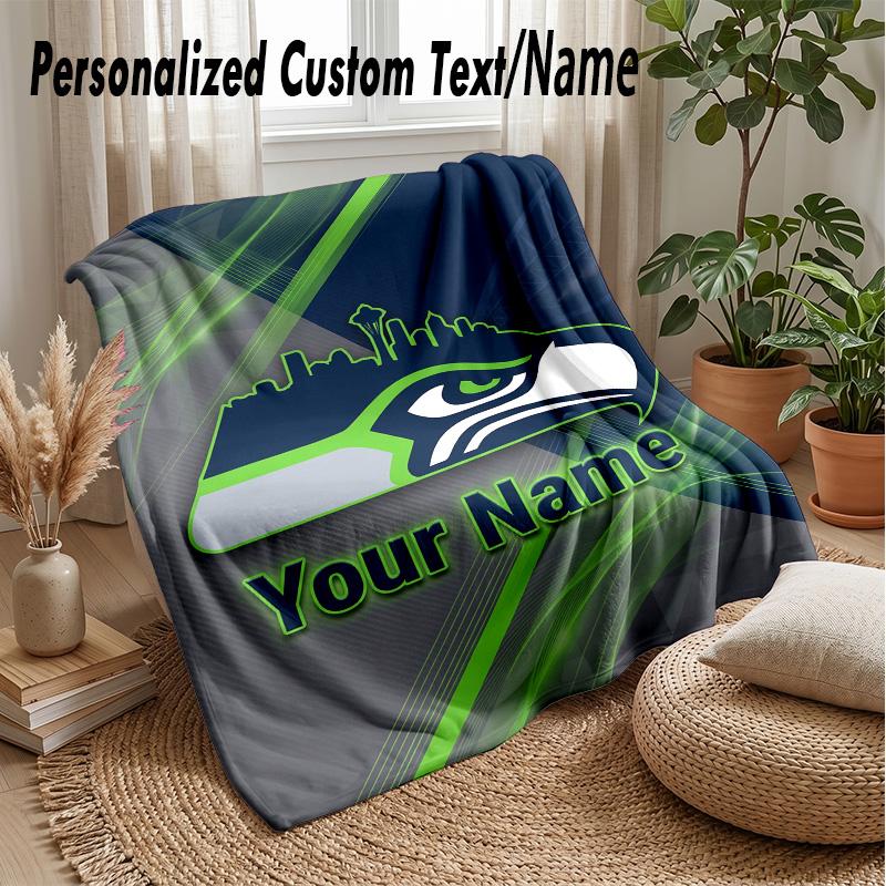 Seattle Seahawks Custom Flannel Throw Blanket Print Your Name Text Soft Warm Blanket Holiday Present