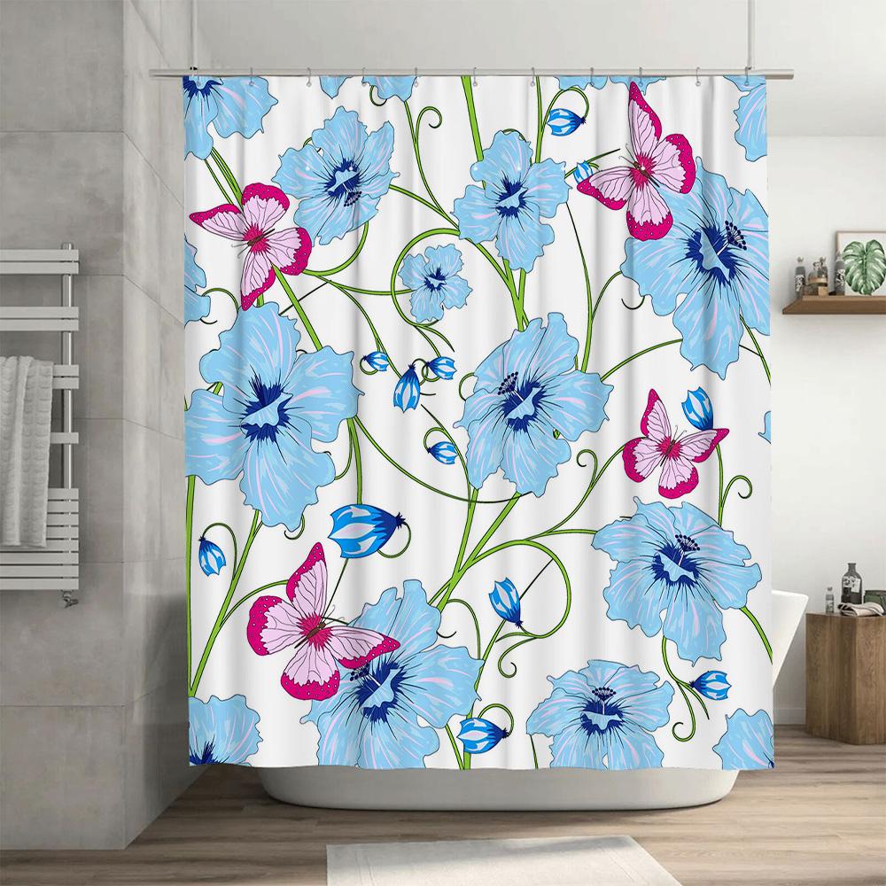 Modern Flower Design Shower Curtain Blue Butterfly Print Decorative Waterproof Fabric for Bathroom Bath Accessories Large Size 1