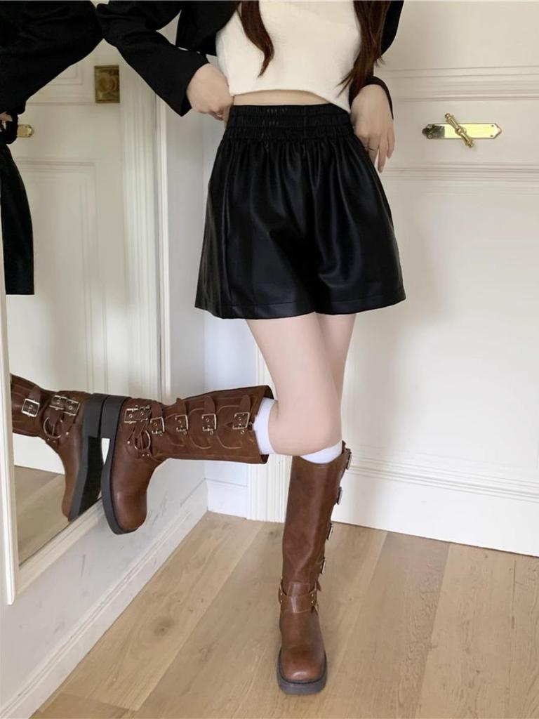 Women's PU Leather High-Waist Slimming Wide-Leg Shorts - 2025 Autumn/Winter Fashion