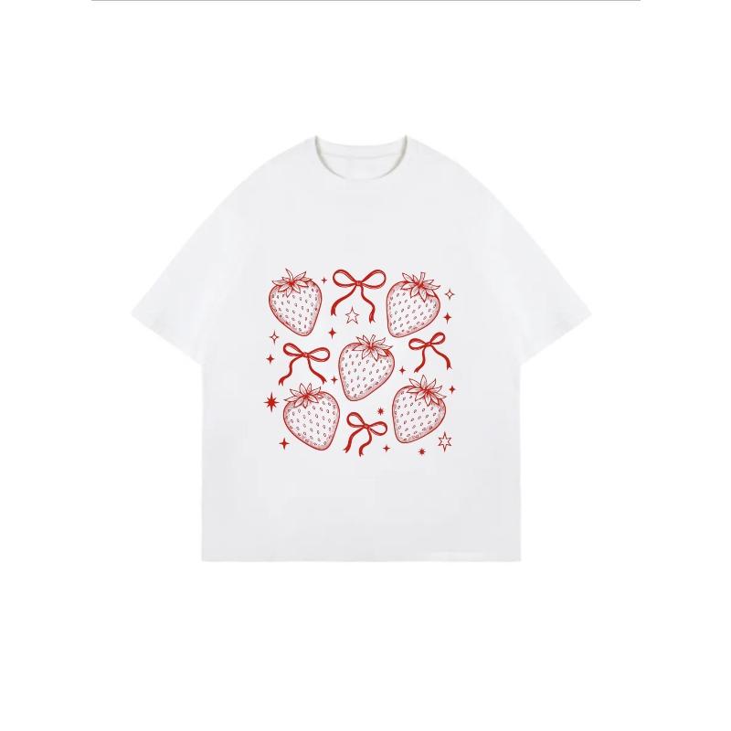 White Oversized T-Shirt With Strawberry Bow Print For Casual Wear