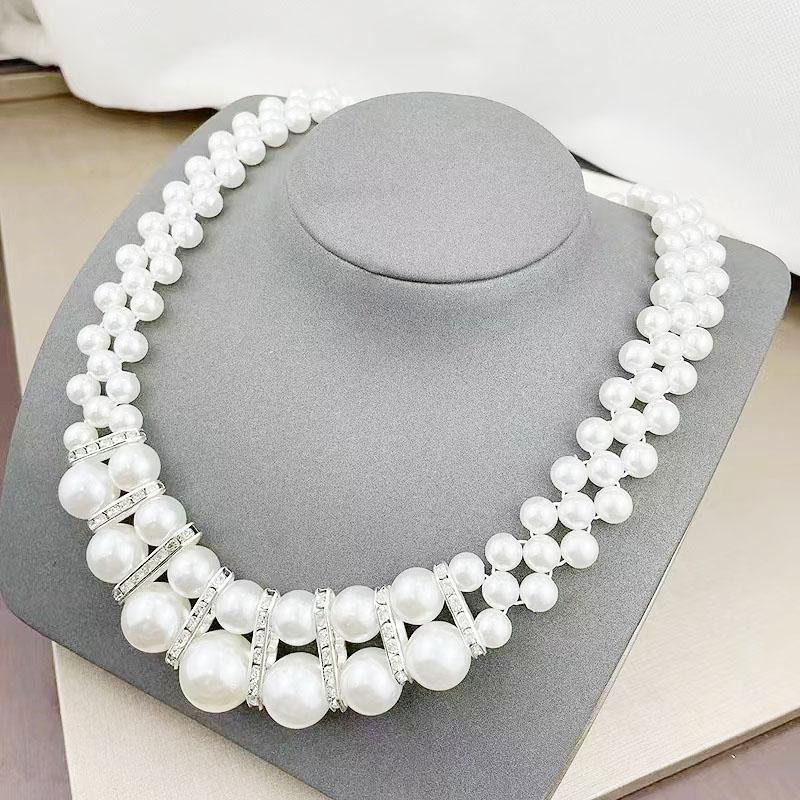 Trendy Retro Double Layer Large Pearl Crystal Rhinestone Necklace Earrings Set Silver Geometric Style Religious Women Wedding