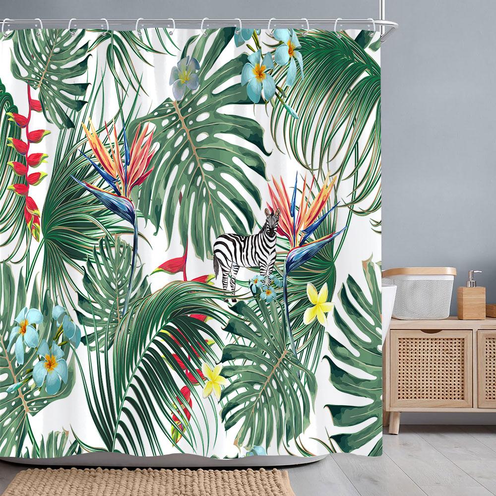 Tropical Botanical Flower Shower Curtain Beige Green Palm Leaf Flower Scandinavian Decor Bathroom Polyester Shower Curtains Set