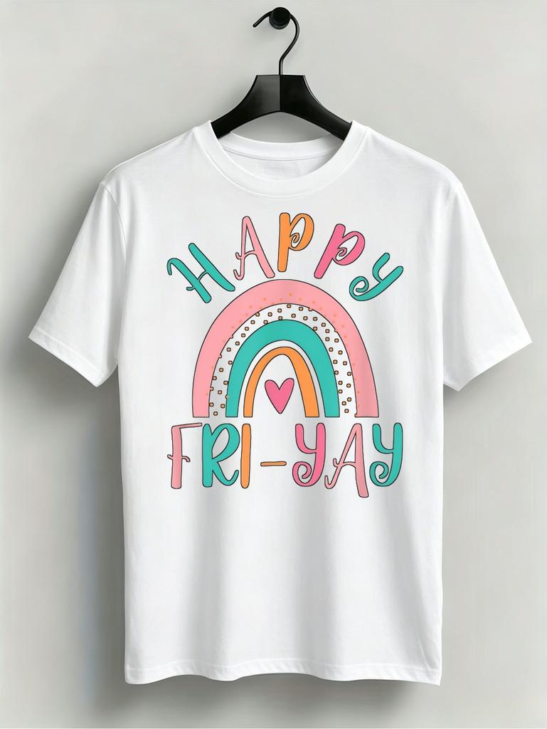 1pc Mens Graphic T Shirt Happy Fri Yay Rainbow Print Short Sleeve Crew Neck