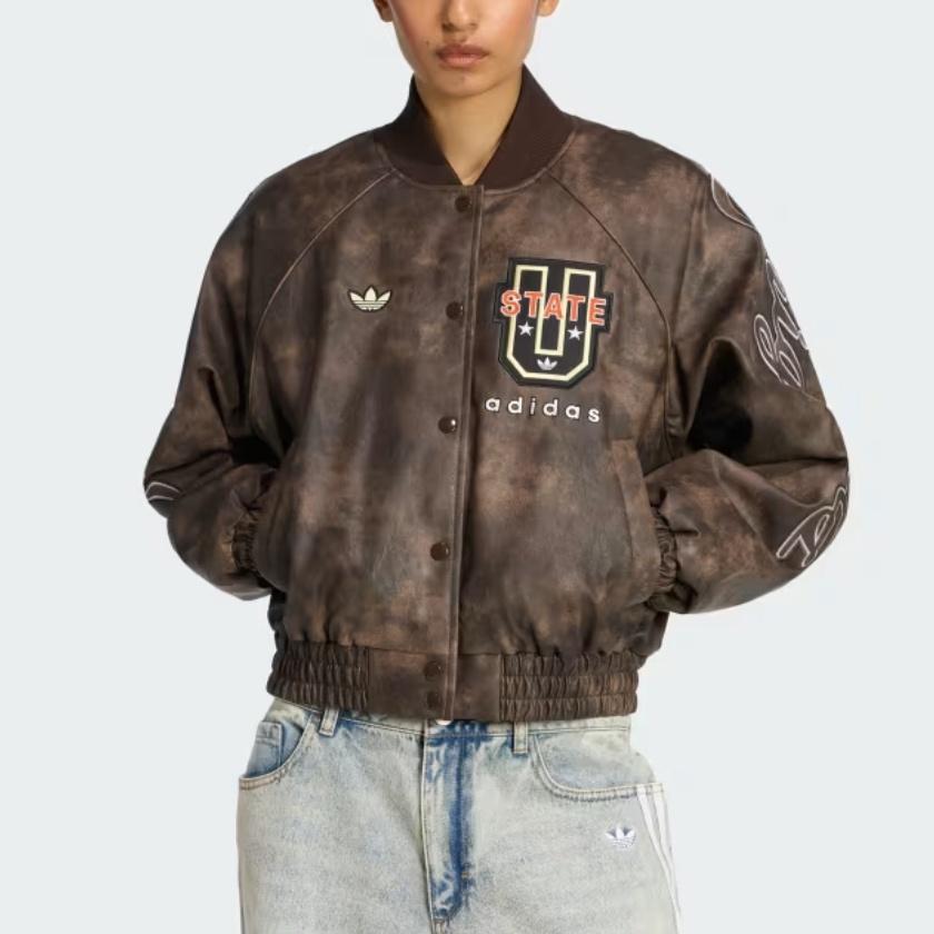 Adidas Originals Athletic Department Logo Vintage Faux Leather Woven Pilot Jacket Women Jacket KF2307