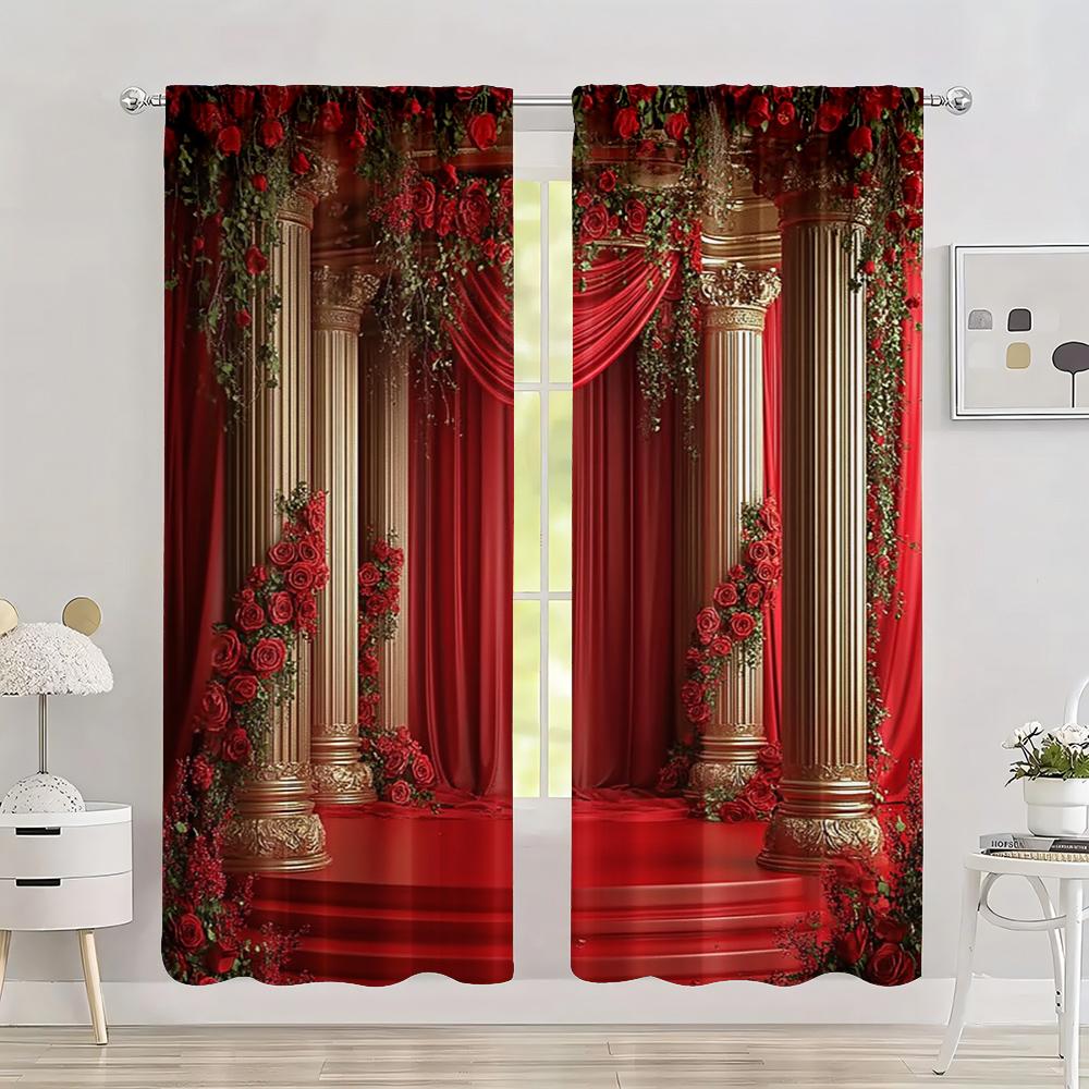 

2pc Colorful Curtain Red Flower Wedding Machine Washable Polyester Without Electricity Family Party Decoration for Festive 100*130 Grommet Top 1pcs