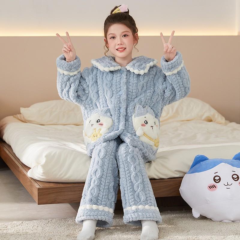 Girls Cartoon Fleece Pajama Set Warm Long Sleeve Open Front Sleepwear Winter Home Use