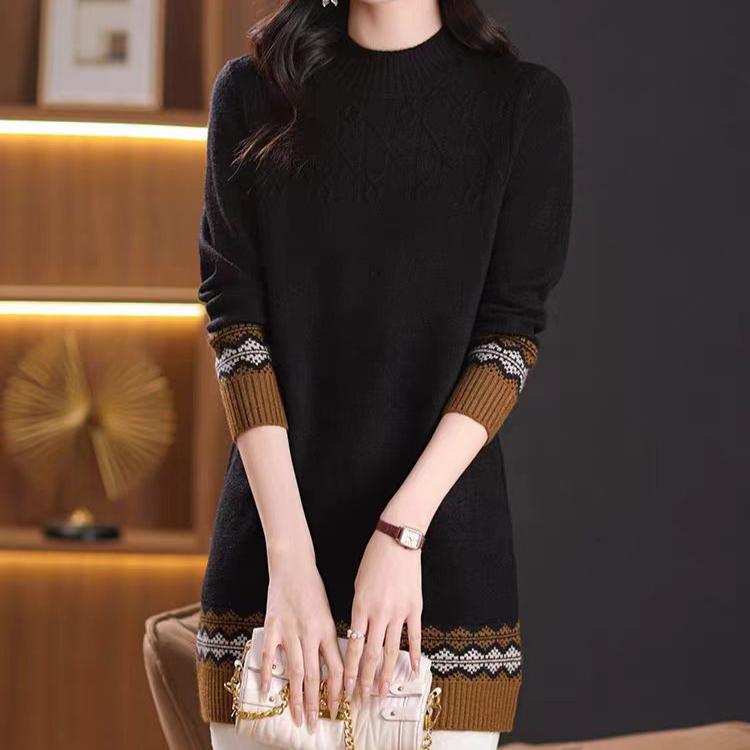 Mid-length Knitted Sweater for Women Half Turtleneck Sweater Thick Pullover Loose Top