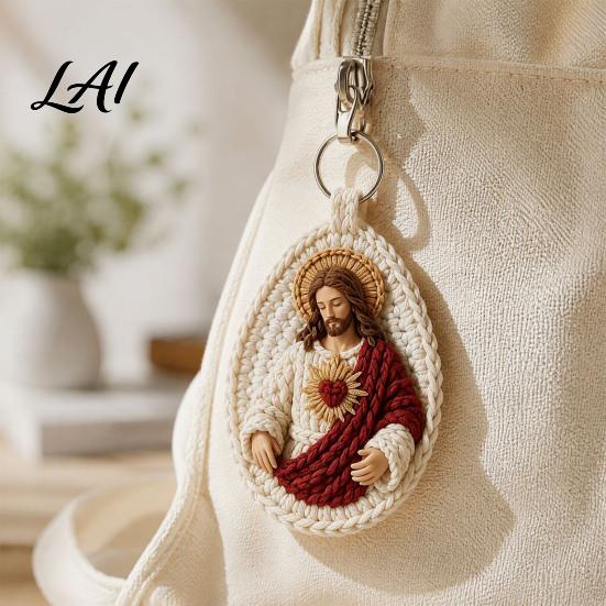 Ciondolo Religioso Artigianale Uncinetto Fatto a Mano Portachiavi Mariano Vergine Maria con Filato Morbido Portachiavi Filo Blu Bianco Cattolico Cristiano Ispirazionale