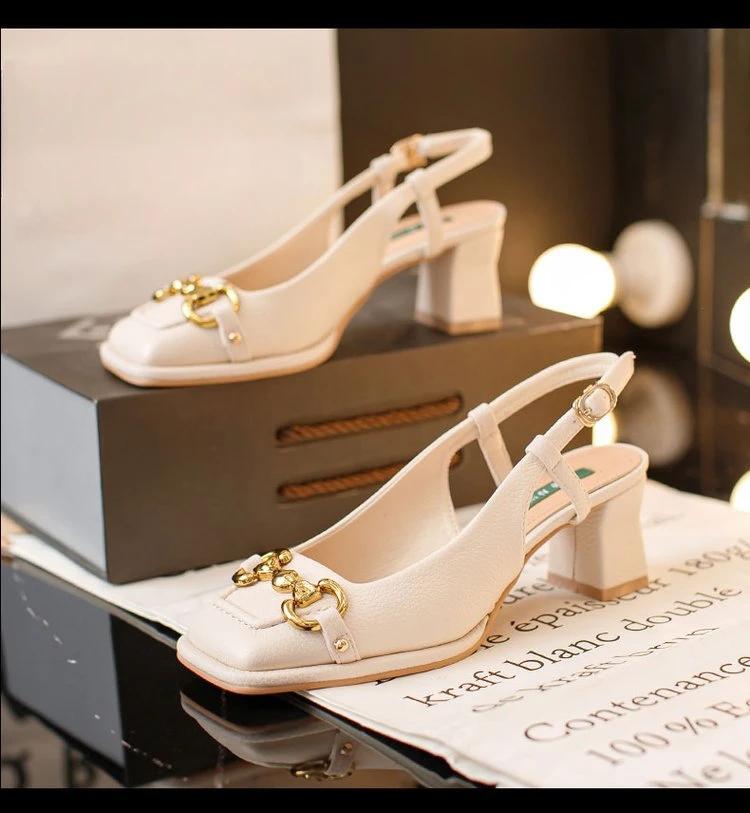 Fashion Large Size 42 Size Retro Square Toe High Heel Sandals for Women 2025 New Horse Bit French Mary Jane Thick Heel Shoes