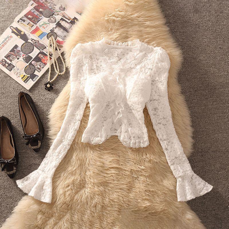 

French style Socialite Style V-neck Long sleeve Lace Shirt Women Autumn New Slim fit Slimming Split Bottoming Bell Sleeve Top White M