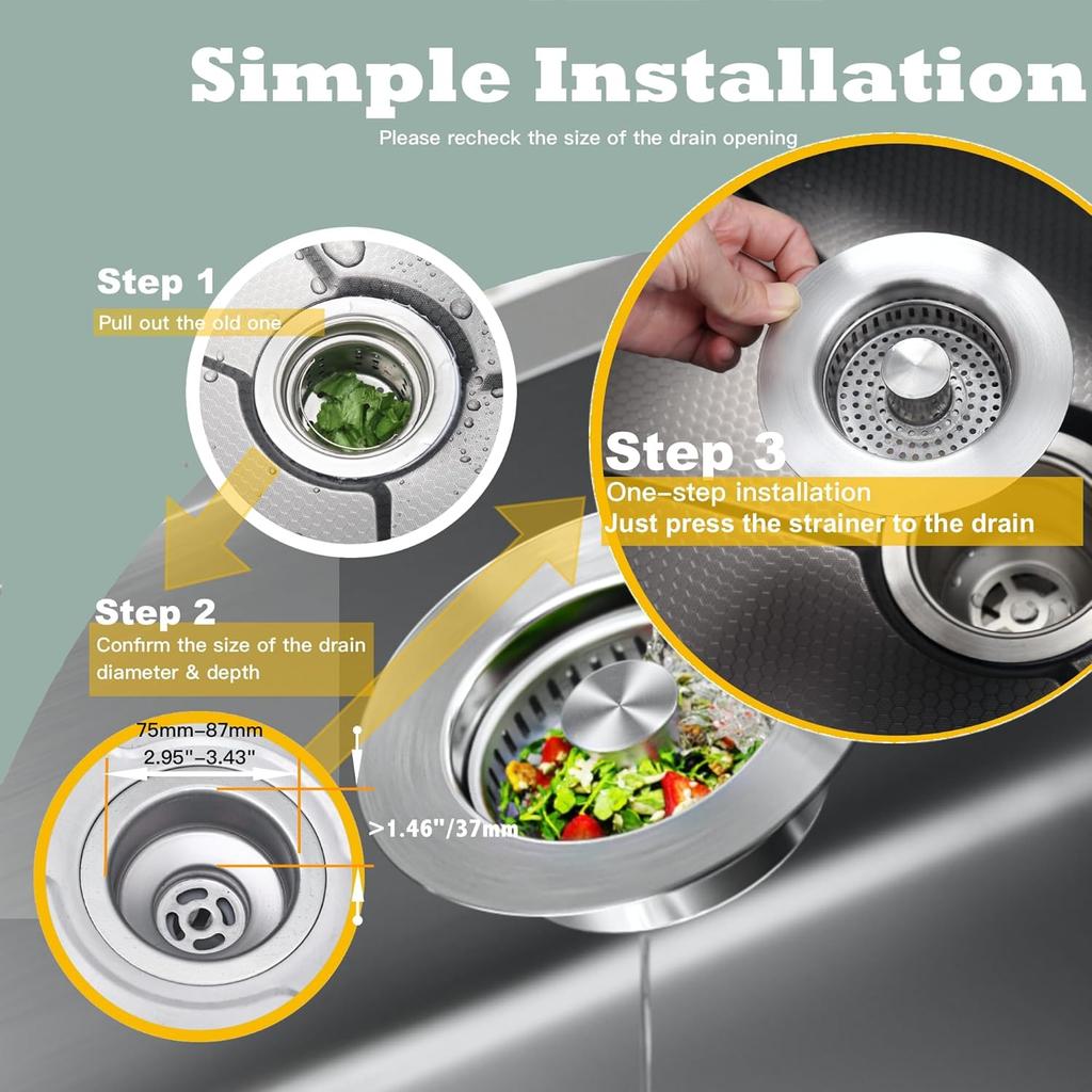 Kitchen Sink Drain Strainer 3 in 1, 304 Stainless Steel Pop Up Sink Stopper, Anti-Clogging Sink Stopper Kitchen Drain, Kitchen Drain Catcher, Kitchen