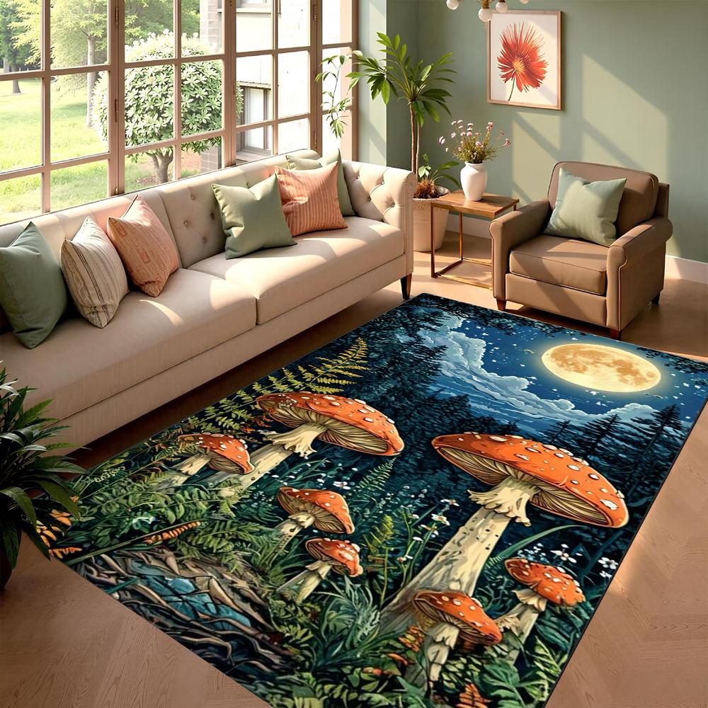 Vivid Mushroom Fantasy Pattern Carpet Colorful Living Room Rug for Home Decor with Green Leaf Design Cozy Non-slip Mat Gift