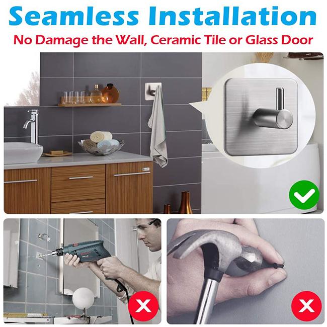Custom Printed Self-Adhesive Towel Hooks Self Adhesive Holder Matte Black Kitchen Stainless Steel Home Square Hook