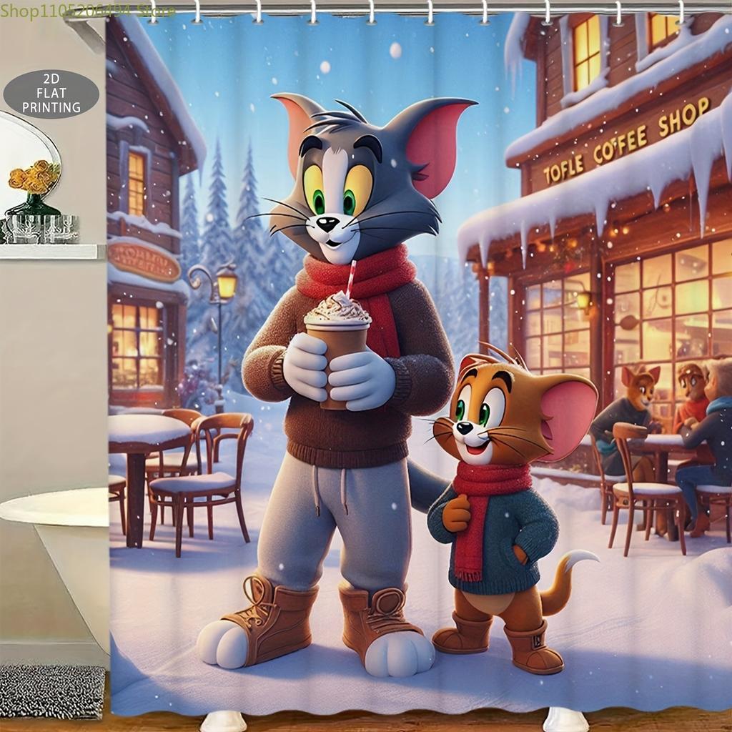 2D Flat, 1pc, 2D Flat, Cat And Mouse Winter Warm Heart Journey, Theme Shower Curtain, Can Be Used As Christmas, Halloween Deco