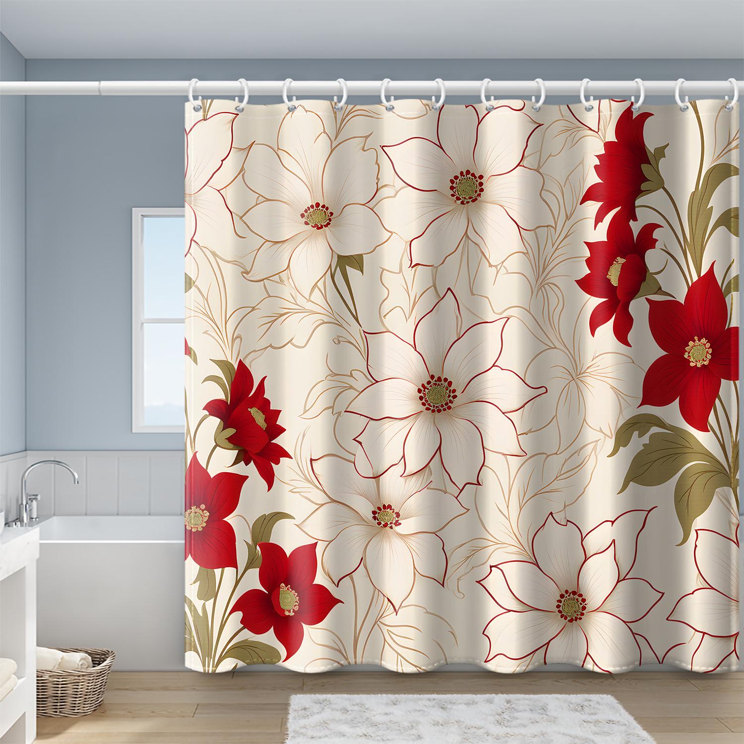 

Red Floral Curtain - Line Print, Polyester, 12 Hooks, 71In, All-Season W90XH180cm