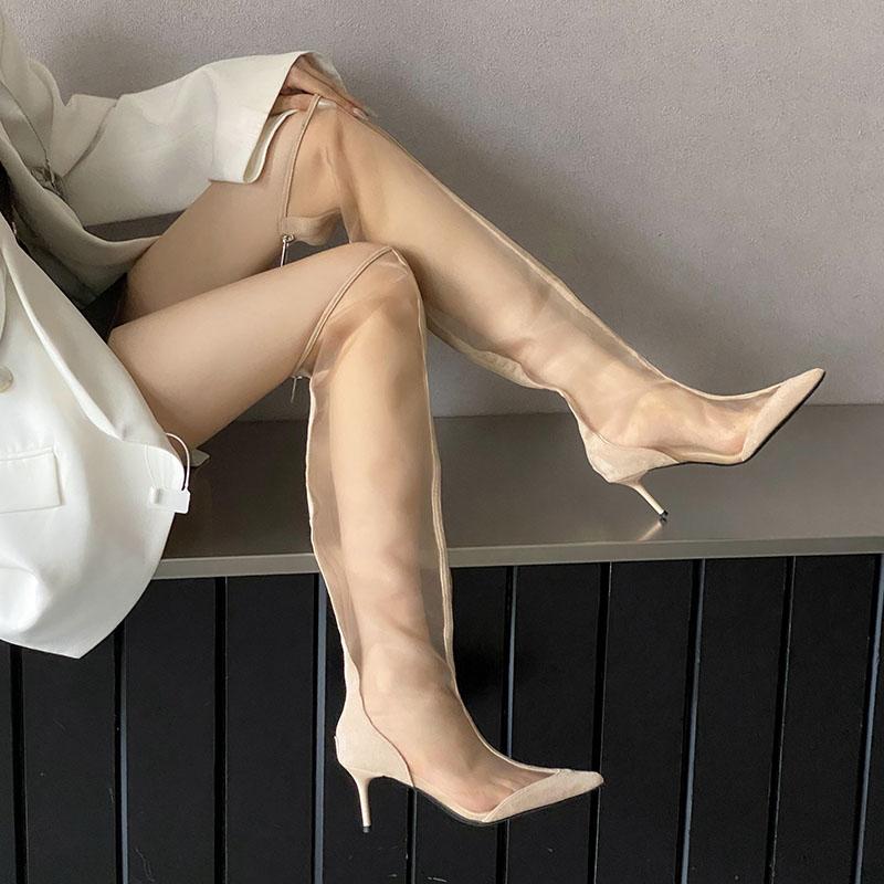 Fashion Female Pointed Toe Women Over the Knee Boots With Thin Heels Shoes Fashion Mesh Breathable Ladies Long Booties Zippers Shoes