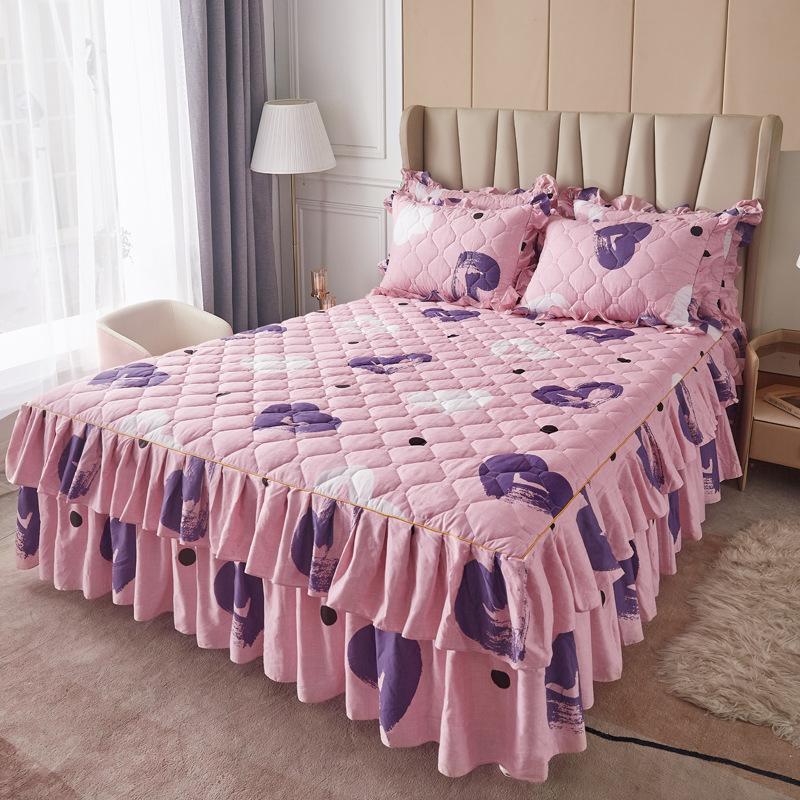 3pcs Bed Skirt Set Solid Color Quilted Thickened Lace Decoration Includes 1 Bed Skirt + 2 Pillowcases Suitable for Home And Hotel