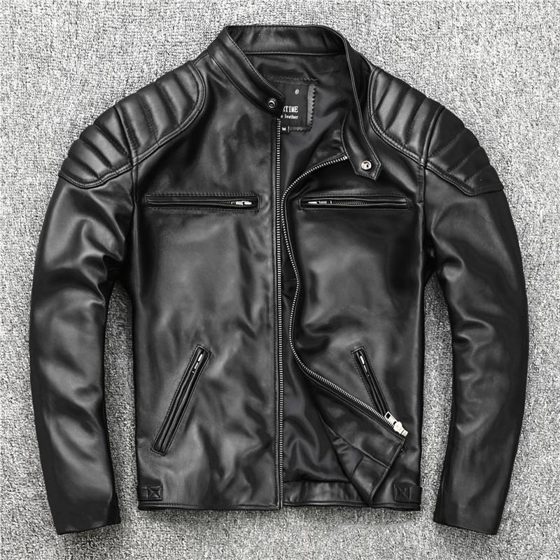 First Layer Sheepskin Leather Jacket Men's Motorcycle Stand Collar Slim Short Youth Leather Jacket