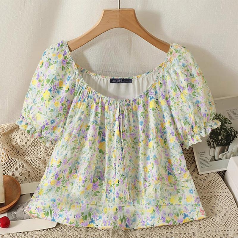 

ZANZEA Женская повседневная блузка с круглым вырезом, свободного кроя, с коротким рукавом и цветочным принтом 5XL абрикосовый