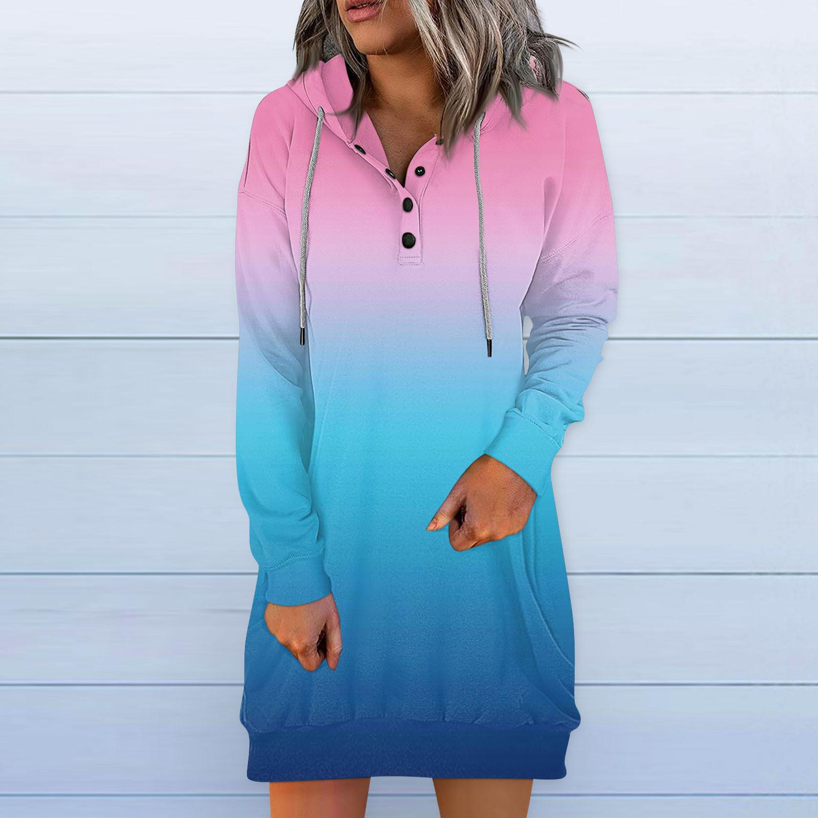 

Women s Casual Hoodie Long Sleeve Drawstring Jumper Gradient Print Dress XL рожевий