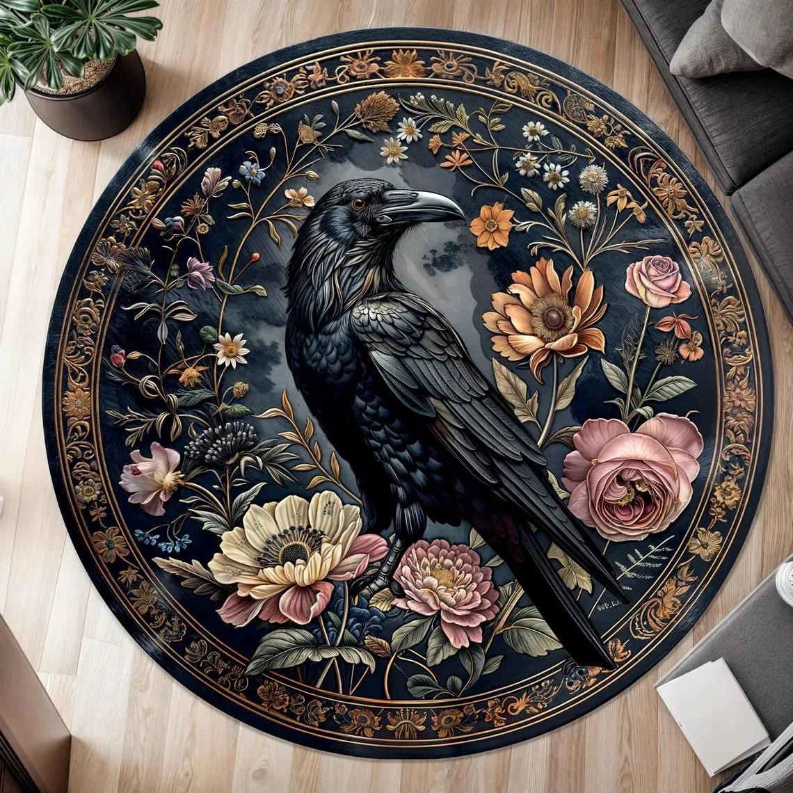 

Retro Bohemian Style Floral and Animal Round Rug, Non-slip Floor Mat for Living Room, Bedroom, Bathroom, Holiday Home Decoration 60cm