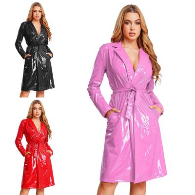 Trench lungo da donna in ecopelle S-3XL: Blazer Lucido con Revers e Cintura, Giacca Casual Aperta per Streetwear