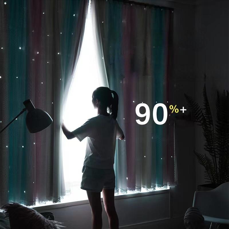 Bedroom Blackout Curtains with Magic Tape, Double Layer, No Drilling Installation, Hollow Star Gradient Bay Window Curtains