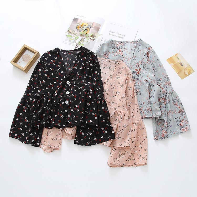 Button Up Skirt Doll Top Retro Floral V-neck Flared Sleeve Chiffon Shirt for Women
