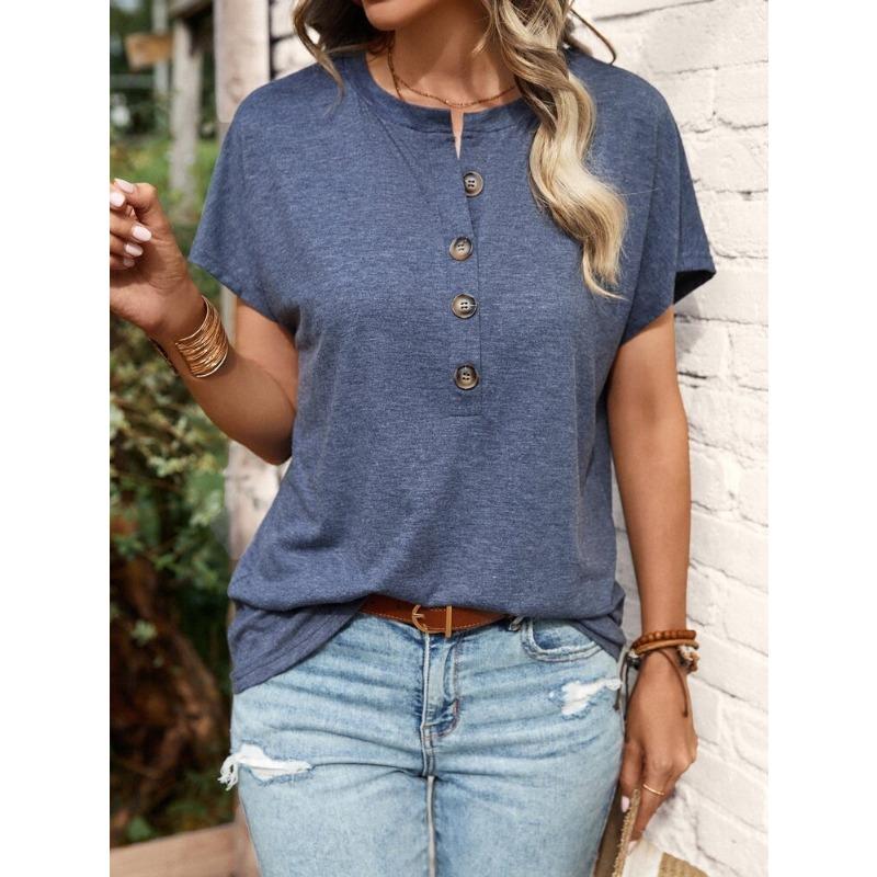 T-shirt da donna estiva a maniche corte con scollo Henley, casual, vestibilità ampia, top basic multicolore
