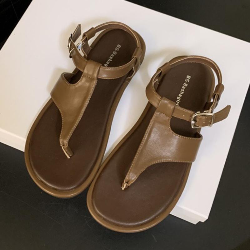 Fashion Round Toe Narrow Band Flat Sandals Women Clip Toe Hollow Buckle Flip-flops Summer Fashion Comfort Non-slip Vacation Beach Shoes