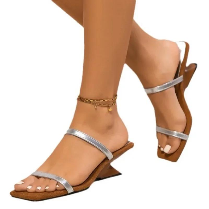 Fashion High end gold high-heeled slippers for women 2025 new style with irregular heels and a single word summer high-heeled sandals