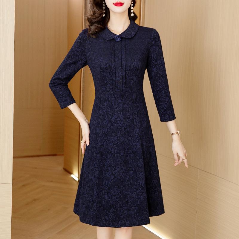 

Зимнее платье с принтом для мамы среднего возраста, модное, в стиле ретро, с темпераментом, новая юбка А-силуэта средней длины 5XL синий