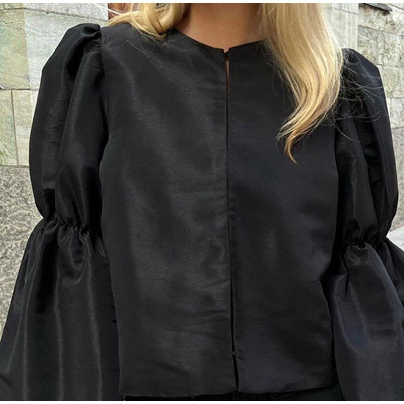 

Fashion Loose Solid Color Women s Shirt 2026 Spring Casual O-Neck Puff Sleeve Ladies Shirts Elegant Classic Female Clothing Top S чёрный