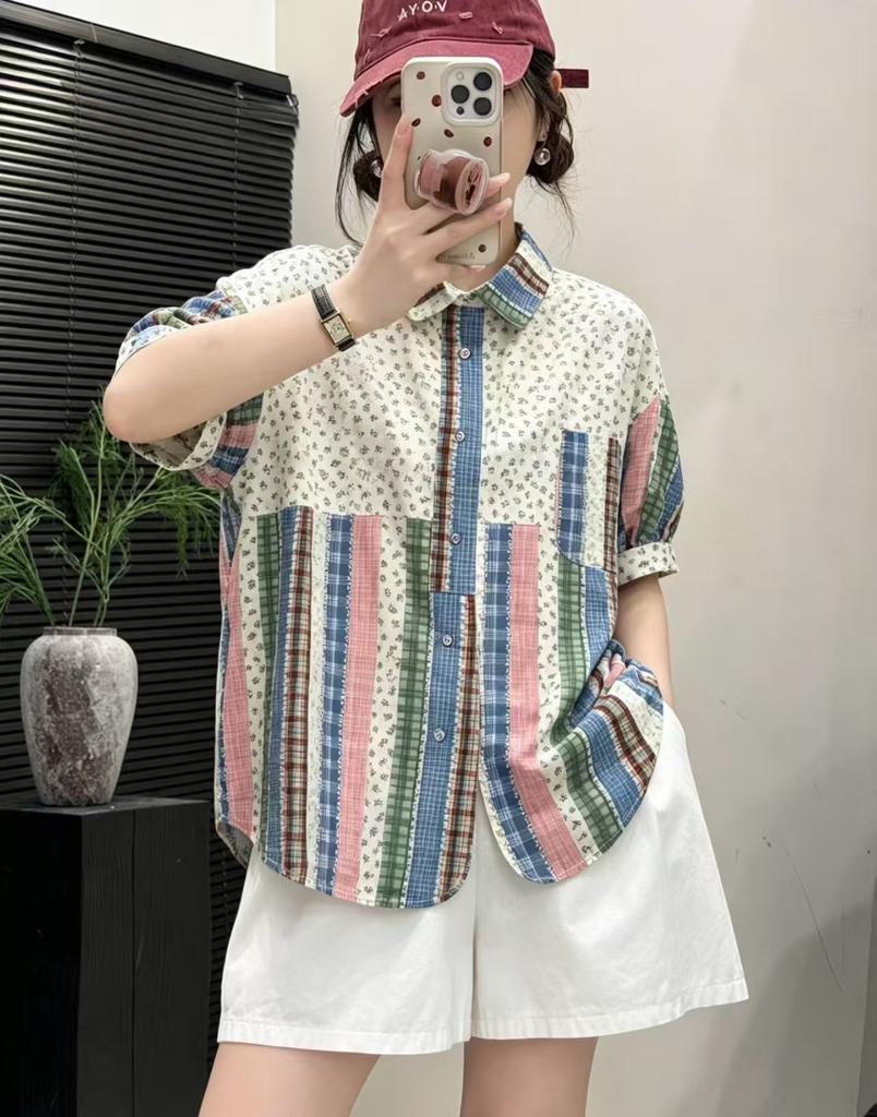 1116 Summer New Women's Lapel Japanese Cotton Shirt Loose Shirt Top Cardigan Painted Casual