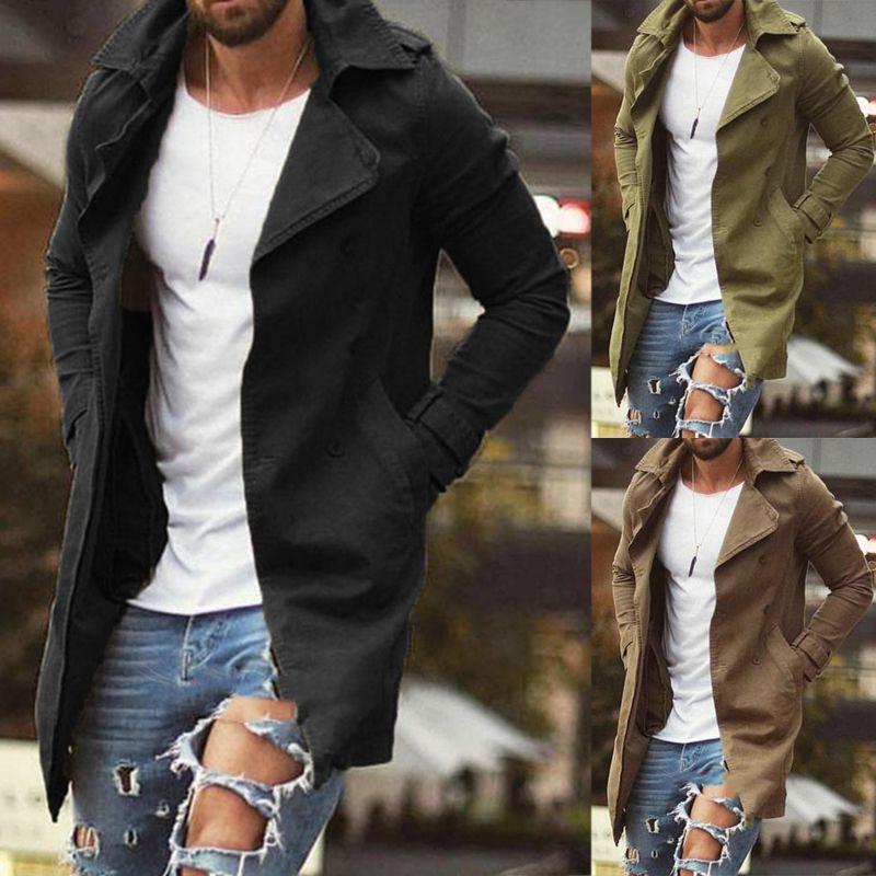 Men Lapel Trench Coat Outwear Overcoat Elegant Long Sleeve Winter Casual Warm Jacket