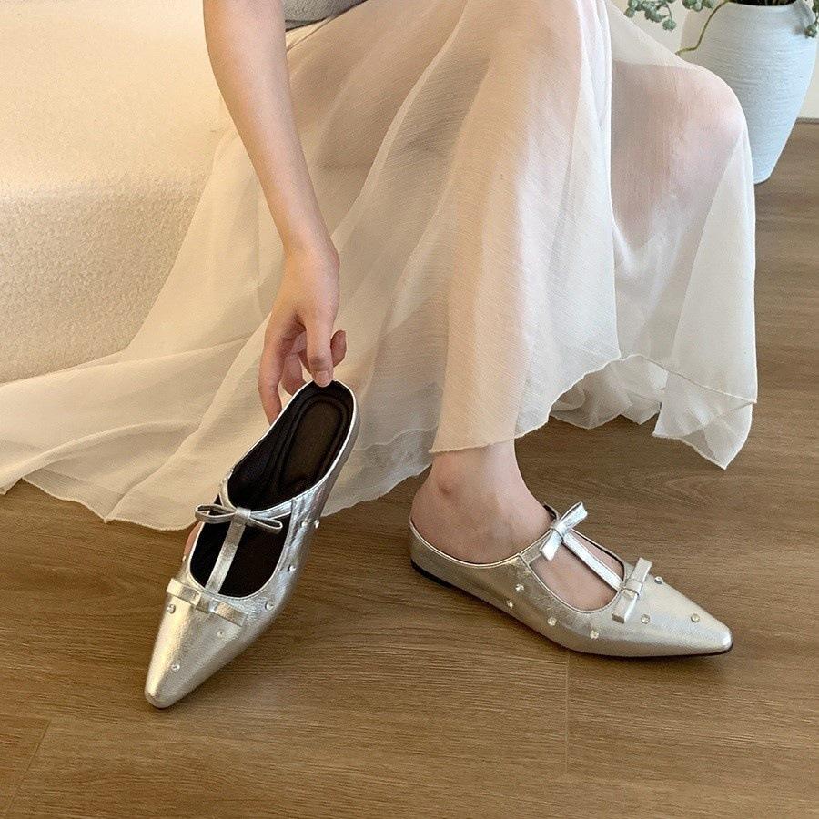 Inner Height-increasing Bow Bag Head Half Slippers Women Wear New Spring and Summer New Fairy Style Pointed Mary Jane Sandals