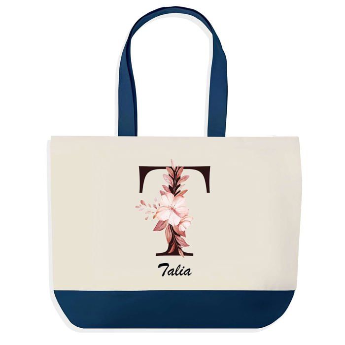 Sac shopping - PLANETEE - Talia - Bleu - Lettre Fleur - Coton 40x45 cm