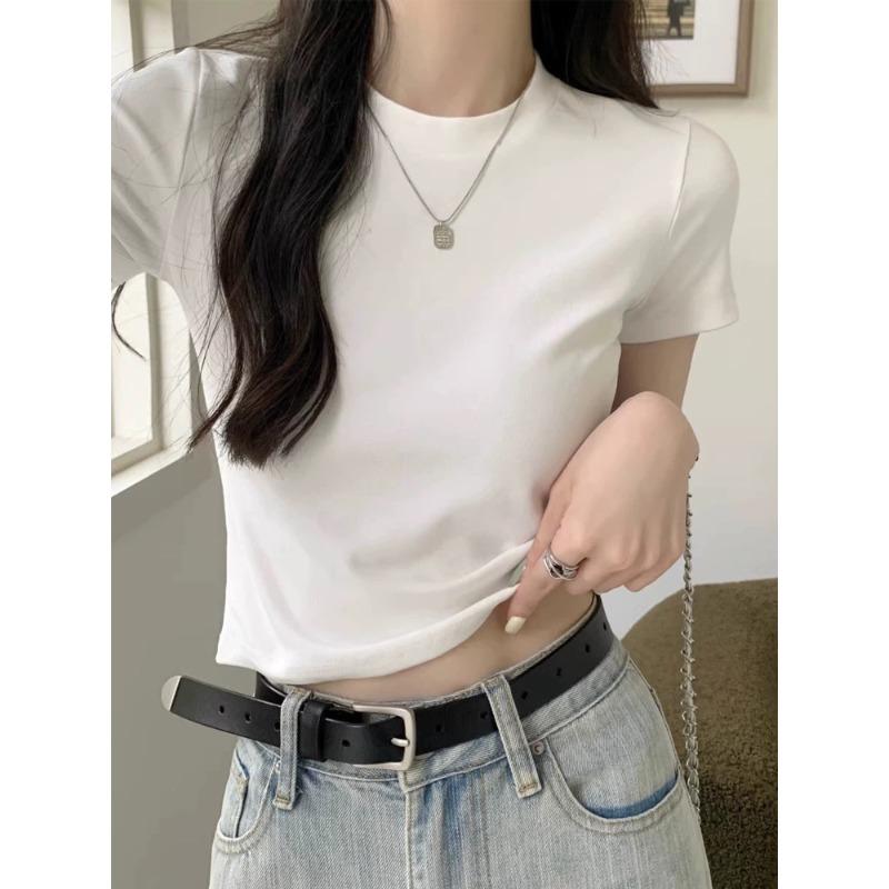 Shirt Women's Summer Short Sleeve High Waist Slim Skinny Solid Color Shoulder Short Sleeve Top Bottom Shirt