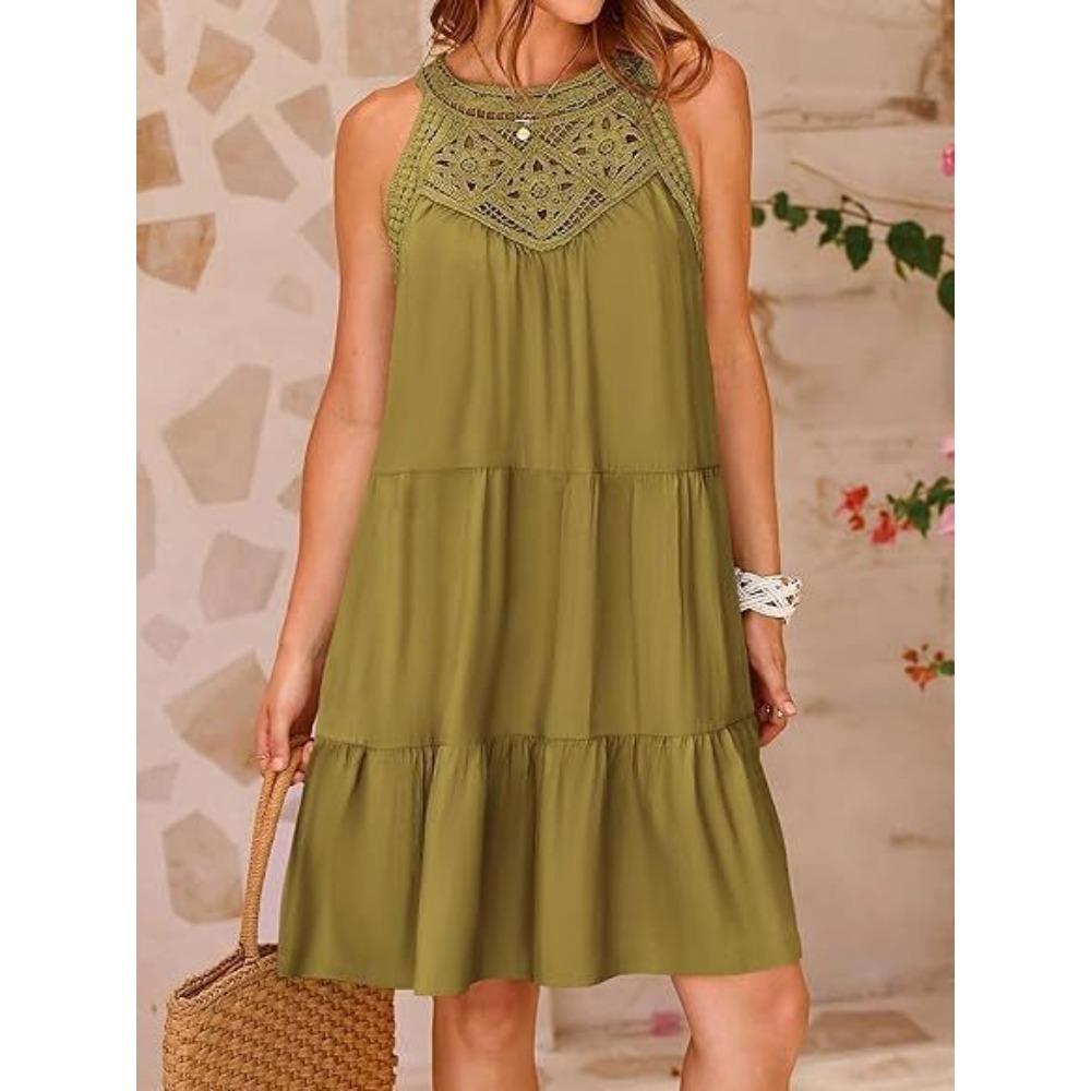 Damen Halter Neck Ärmellos Häkeldetail Lockerer Schnitt Sommer Swing Kleid