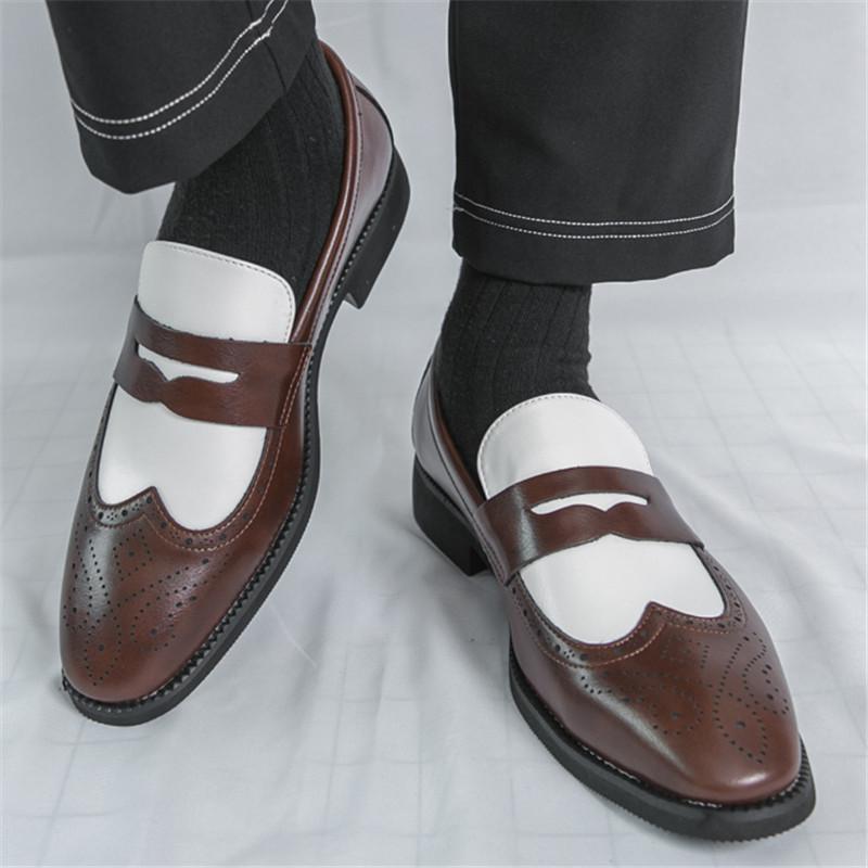 New Black White Brown Mixed Penny Loafers Men Pointed Slip On Casual Shoes Wedding Dress Homecoming Footwear Zapatos Hombre