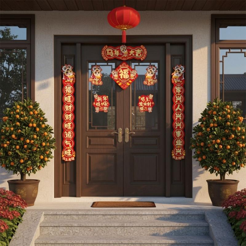 Komplette Dekopakete für das chinesische Neujahr für das Pferdejahr 2026, inklusive Spruchpaaren und Glückszeichen, Festival-Heimdekorationen
